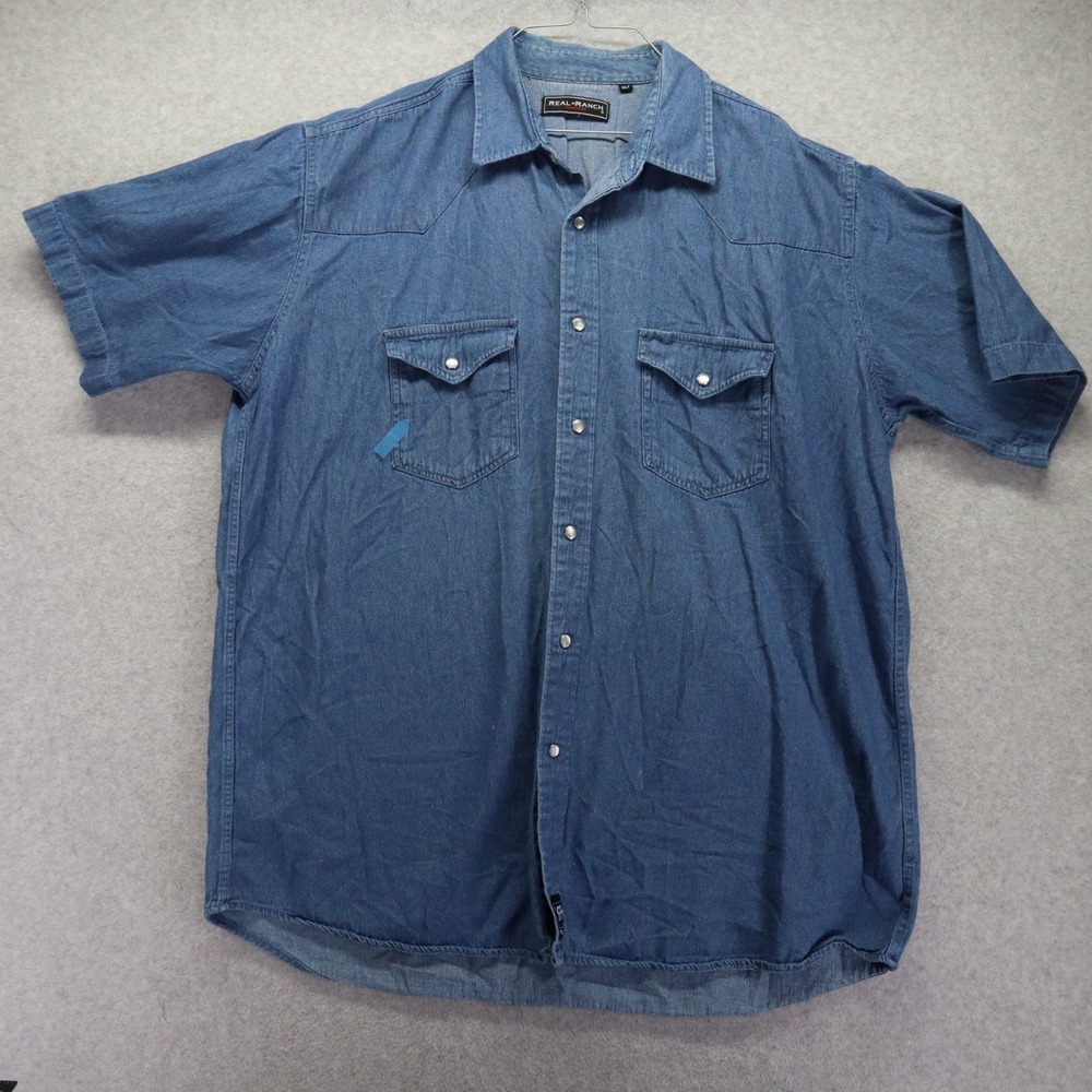 Real Ranch Shirt Mens XLT Tall Denim Western Cowboy Pearl Snap Blue Short Sleeve